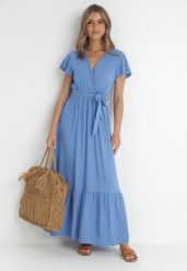 Niebieska Sukienka Diomeira. Niebieskie sukienki damskie Born2be, bez wzorów, z tkaniny, eleganckie, bez ramiączek. Za 109.99 zł.