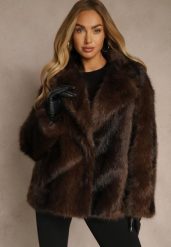 Brązowa Jednorzędowa Kurtka Futerko z Szerokim Kołnierzem Tesandra. Brązowe kurtki damskie Renee, l, bez wzorów, z futra, bez kaptura. Za 259.99 zł.