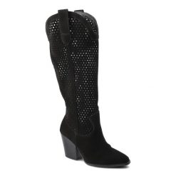 Czarne Kozaki Karino Damskie Eleganckie Obuwie. Czarne kozaki damskie Karino, ze skóry, bez obcasa, na obcasie, bez zapięcia. Za 350.55 zł.
