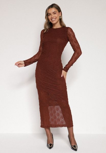 Brązowa Dopasowana Sukienka Koronkowa z Długim Rękawem Zenika. Brązowe sukienki damskie Born2be, bez wzorów, z futra, eleganckie, bez ramiączek. Za 139.99 zł.