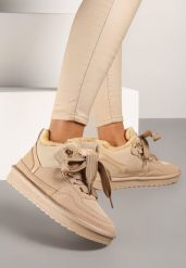 Ciemnobeżowe Zimowe Sneakersy Vices Stylizowane na Śniegowce z Futerkiem Tennira. Brązowe obuwie sportowe damskie Renee, na zimę, z jeansu, bez zapięcia, trekkingowe. Za 99.99 zł.