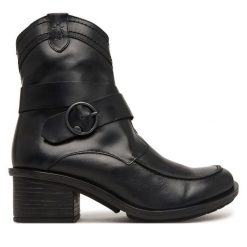 Botki Fly London. Czarne botki damskie Fly London, bez obcasa, na słupku, bez zapięcia. Za 839.99 zł.