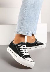 Czarno-Białe Casualowe Trampki na Platformie ze Sznurowaniem Ravathra. Czarne trampki damskie Renee, bez wzorów, z materiału, bez zapięcia. Za 44.99 zł.