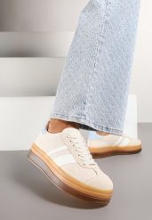 Beżowe Sneakersy na Płaskiej Podeszwie z Ozdobnymi Paskami Velali. Brązowe obuwie sportowe damskie Renee, z jeansu, bez zapięcia, tenisowe. Za 74.99 zł.