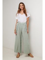 Lin Passion Lniane spodnie w kolorze zielonym rozmiar: 34/36. Zielone spodnie materiałowe damskie Lin Passion, bez wzorów, z koronki. Za 143.99 zł.