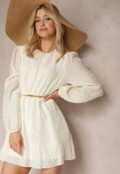 Jasnobeżowa Sukienka z Długim Rękawem o Rozkloszowanym Kroju z Gumką w Talii Kiofina. Brązowe sukienki damskie Renee, bez wzorów, eleganckie, bez ramiączek. W wyprzedaży za 83.99 zł.