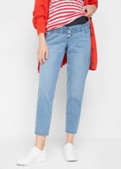 Dżinsy ciążowe z bawełny organicznej ze stretchem i zwężonymi nogawkami. Niebieskie jeansy damskie bonprix, moda ciążowa. Za 147.99 zł.