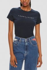 TOMMY JEANS Granatowy damski t-shirt. Niebieskie t-shirty damskie Tommy Jeans, s, bez wzorów, z jeansu, bez kołnierzyka. W wyprzedaży za 125.99 zł.