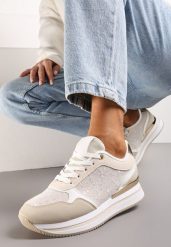 Beżowe Sneakersy na Grubej Podeszwie z Brokatem i Metaliczną Wstawką Velari. Brązowe obuwie sportowe damskie Renee, bez zapięcia. Za 89.99 zł.
