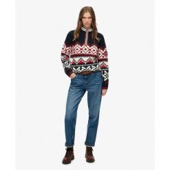Pull pół na pół damski Superdry Intarsia. Niebieskie swetry klasyczne damskie Superdry, na zimę, l, bez kołnierzyka. Za 430.10 zł.