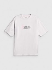 4F T-shirt loose z nadrukiem damski - biały L. Białe t-shirty damskie 4F, l, bez wzorów, z bawełny, bez kołnierzyka. Za 79.99 zł.