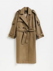 Dwurzędowy trencz oversize - ciemnozielony. Zielone płaszcze damskie Reserved, l, bez wzorów, z bawełny, bez kaptura. Za 379.99 zł.