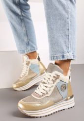 Złote Sportowe Botki na Płaskiej Podeszwie z Metalicznymi Wstawkami i Brokatem Benali. Żółte obuwie sportowe casual damskie Born2be, z jeansu. Za 129.99 zł.