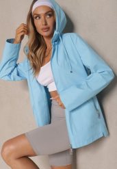 Jasnoniebieska Kurtka w Stylu Wiatrówki z Odpinanym Kapturem Ndivena. Niebieskie kurtki damskie Renee, l, bez wzorów, z jeansu. Za 189.99 zł.