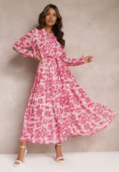 Fuksjowa Kwiecista Sukienka Maxi z Falbanką i Materiałowym Paskiem Ayvie. Czerwone sukienki damskie Renee, bez wzorów, z materiału, eleganckie, bez ramiączek. W wyprzedaży za 111.99 zł.
