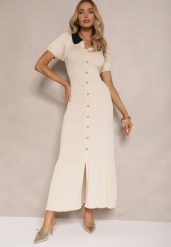 Jasnobeżowa Wiskozowa Sukienka Rozkloszowana Retro z Guzikami i Kołnierzem Ardival. Brązowe sukienki damskie Renee, z aplikacjami, z materiału, eleganckie, bez ramiączek. W wyprzedaży za 143.99 zł.