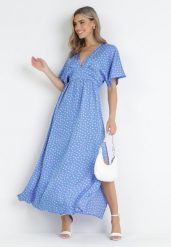 Niebieska Sukienka Maxi w Kropki z Gumką w Pasie i Rozcięciami Crasses. Niebieskie sukienki damskie Born2be, bez wzorów, bez ramiączek. Za 209.99 zł.