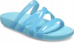 Klapki Dla Dorosłych Crocs Splash Glossy Strappy. Niebieskie klapki damskie Crocs, bez wzorów, z materiału, bez obcasa, bez zapięcia. Za 119.99 zł.