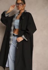 Czarny Płaszcz w Stylu Trencza Vintage z Asymetryczną Zakładką i Paskiem Davivellea. Czarne płaszcze damskie Renee, m, bez wzorów, z jeansu, bez kaptura. Za 169.99 zł.