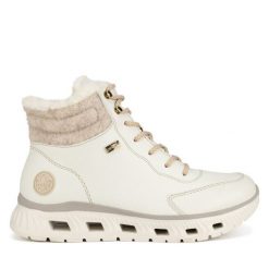 Trzewiki Rieker. Białe botki damskie Rieker, bez obcasa, na płaskiej podeszwie, bez zapięcia. Za 272.99 zł.