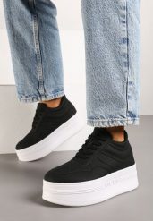 Czarne Sznurowane Sneakersy Vices na Grubej Podeszwie Ozdobiona Napisem Annalira. Czarne obuwie sportowe damskie Born2be, z jeansu, bez zapięcia. Za 89.99 zł.