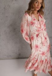 Różowa Eteryczna Sukienka Zdobiona Falbankami i Wiązanym Paskiem Rhelaith. Czerwone sukienki damskie Renee, z aplikacjami, z poliesteru, boho, bez ramiączek. Za 209.99 zł.