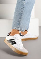 Biało-Czarne Sneakersy w Stylu Klasycznych Tenisówek z Ozdobnymi Przeszyciami Nartewia. Białe obuwie sportowe damskie Born2be, z jeansu, bez zapięcia, tenisowe. Za 89.99 zł.