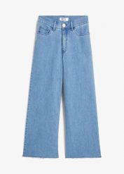 Jeansy wide leg, wysoki stan, krótsza nogawka. Niebieskie jeansy damskie bonprix, z podwyższonym stanem. Za 59.99 zł.