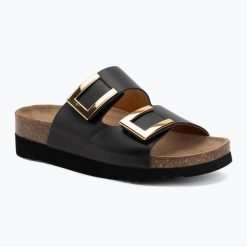 Klapki damskie Scholl Montery 2 Straps Ad Med. Czarne klapki damskie Scholl, bez wzorów, z materiału, bez obcasa, bez zapięcia. Za 349.99 zł.