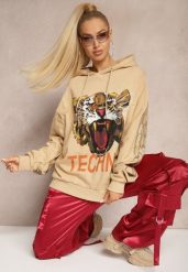 Beżowa Bluza z Bawełny z Kapturem Ozdobiona Cyrkoniami i Nadrukiem Eridale. Brązowe bluzy damskie Renee, bez wzorów, z bawełny, z kapturem. Za 59.99 zł.