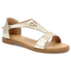 Sandały damskie Filippo, z eko skóry z ozdobą na płaskim obcasie eleganckie, złote, DS6914-25-GO. Żółte sandały damskie Filippo, z aplikacjami, ze skóry, bez obcasa, na płaskiej podeszwie, bez zapięcia. Za 99.99 zł.