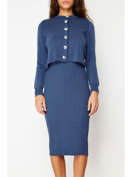 Trendyol 2-częściowy zestaw w kolorze niebieskim rozmiar: S. Niebieskie sukienki damskie Trendyol, bez wzorów, ze splotem, bez ramiączek. Za 74.46 zł.