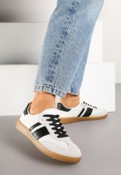 Biało-Czarne Sneakersy na Kauczukowej Podeszwie Ozdobione Paskami Emidi. Białe obuwie sportowe damskie Renee, z jeansu, bez zapięcia. Za 74.99 zł.