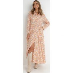 Pomarańczowo-Biała Sukienka Koszulowa Fabillus. Brązowe sukienki damskie Born2be, bez wzorów, z tkaniny, boho, bez ramiączek. Za 159.99 zł.