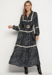 Szara Sukienka w Panterkę w Stylu Retro z Ozdobnymi Lamówkami Zetizia. Szare sukienki damskie Born2be, bez wzorów, z materiału, retro, bez ramiączek. W wyprzedaży za 135.99 zł.