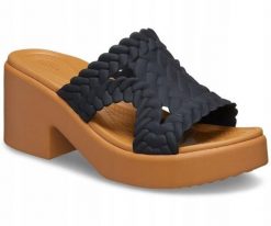 Klapki Dla Dorosłych Crocs Brooklyn Woven Slide Heel. Czarne klapki damskie Crocs, bez wzorów, z materiału, bez obcasa, bez zapięcia. Za 263.99 zł.