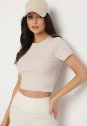 Beżowy T-shirt z Prążkowanego Materiału o Krótkim Kroju Telunna. Brązowe t-shirty damskie Born2be, l, bez wzorów, z jeansu, bez kołnierzyka. Za 29.99 zł.