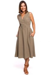 Letnia Sukienka z Podkreśloną Talią -Khaki. Brązowe sukienki damskie MOE, bez wzorów, z materiału, bez ramiączek. Za 293.90 zł.