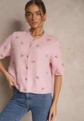 Różowy Wzorzysty Sweter Kardigan z Krótkim Rękawem z Dodatkiem Wełny Korivelle. Czerwone kardigany damskie Renee, bez wzorów, z jeansu. Za 129.99 zł.