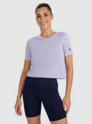 4F Koszulka treningowa crop-top szybkoschnąca damska - niebieska M. Niebieskie koszulki sportowe damskie 4F, m, w ażurowe wzory, z materiału, bez ramiączek, na fitness i siłownię. W wyprzedaży za 99.99 zł.