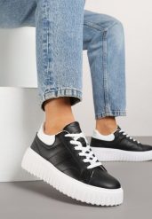 Czarno-Białe Sneakersy na Platformie Ozdobionej Tłoczonej Zdivona. Czarne obuwie sportowe damskie Renee, bez zapięcia. Za 79.99 zł.