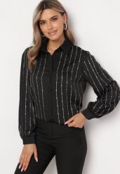 Czarna Koszula w Cyrkonie Evocja. Czarne koszule damskie Born2be, s, bez wzorów, z satyny, biznesowe, bez kołnierzyka, bez ramiączek. Za 54.99 zł.