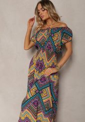 Żółto-Fioletowa Rozkloszowana Sukienka z Bawełny z Gumką w Talii Xenetta. Żółte sukienki damskie Renee, bez wzorów, z bawełny, eleganckie, bez ramiączek. W wyprzedaży za 55.99 zł.