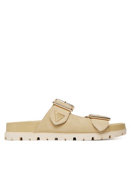 Guess Klapki FLTFST SUE03 Beżowy. Brązowe klapki damskie Guess, z aplikacjami, ze skóry, bez obcasa, bez zapięcia. Za 272.00 zł.