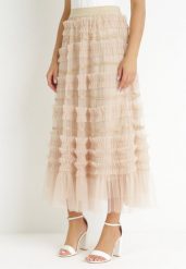 Beżowa Tiulowa Spódnica Maxi z Gumką w Talii i Falbankami Veida. Brązowe spódnice damskie Born2be, m, z aplikacjami, z tiulu, maxi. Za 139.99 zł.