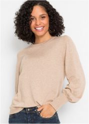 Sweter z balonowymi rękawami. Brązowe swetry klasyczne damskie bonprix, bez kołnierzyka. Za 89.99 zł.