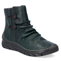 Botki damskie ocieplane filcem zielone Rieker 55052-54. Zielone botki damskie Rieker, ze skóry ekologicznej, bez obcasa, bez zapięcia. Za 269.99 zł.