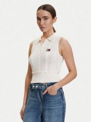 Tommy Jeans Sweter DW0DW22318 Biały Regular Fit. Białe swetry klasyczne damskie Tommy Jeans, xxs, z bawełny, bez kołnierzyka. Za 449.99 zł.