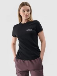 4F T-shirt slim z nadrukiem damski - czarny S. Czarne t-shirty damskie 4F, s, bez wzorów, z dzianiny, bez kołnierzyka. Za 29.99 zł.