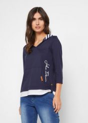 Bluza z kapturem z czystej bawełny, rękawy 3/4. Niebieskie bluzy damskie bonprix, bez wzorów, z bawełny, z kapturem. Za 64.99 zł.